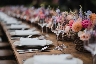 Flower pots on table in restaurant