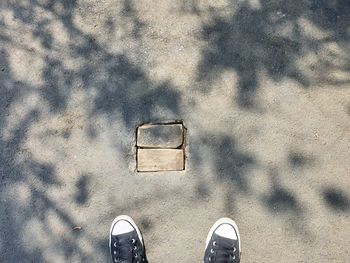 Low section of person standing on sand