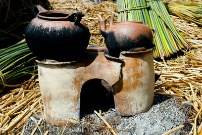 Close-up of old rusty metal on field