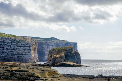 Scenic view of cliff by sea against sky