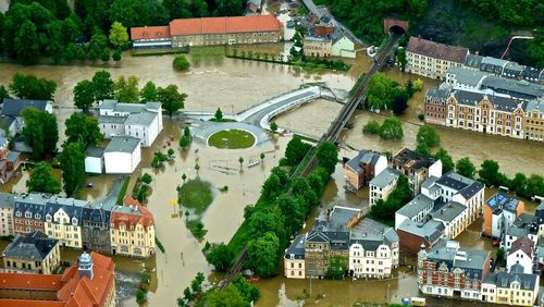 High angle view of town during flood