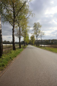 Empty road amidst trees against sky