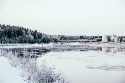 Scenic view of lake against clear sky during winter