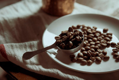 High angle view of coffee beans on table