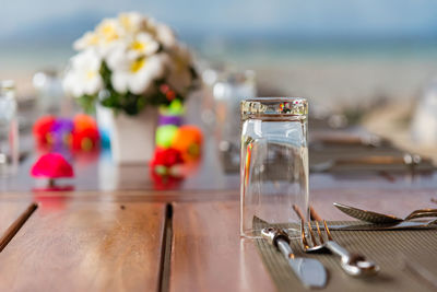 Close-up of christmas decorations on table