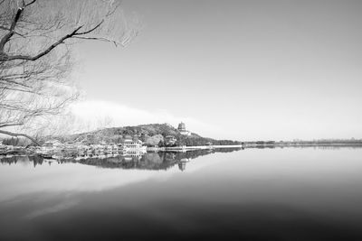 Scenic view of river against clear sky during winter