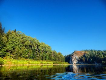 Scenic view of lake in forest against clear blue sky