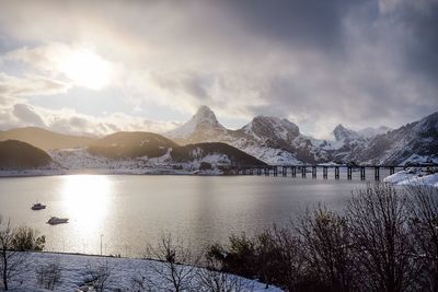 Scenic view of lake and snowcapped mountains against sky