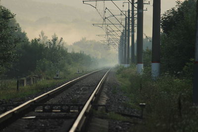 Railroad tracks by trees against sky