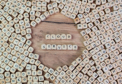 Directly above shot of cloud service text amidst wooden cubes