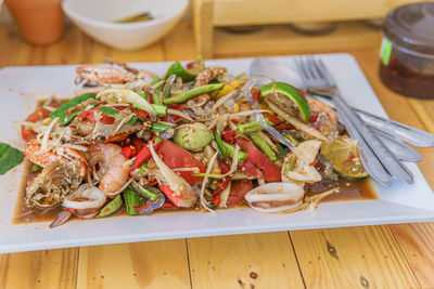 High angle view of meal served on table