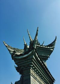 Low angle view of statue against clear blue sky