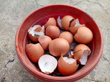 High angle view of eggs in container on table