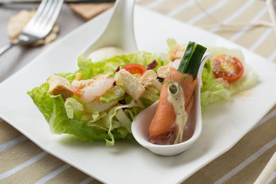 High angle view of food in plate on table