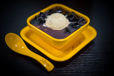 High angle view of ice cream on table