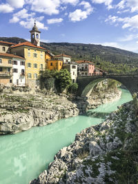 View of buildings by river against cloudy sky