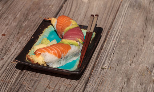 Sushi in plate on table