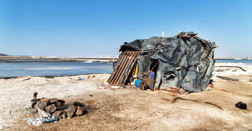 Panoramic view of people on beach against clear sky