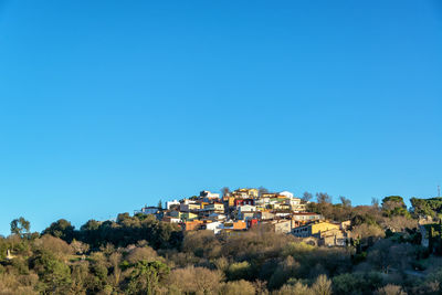 Townscape against clear blue sky