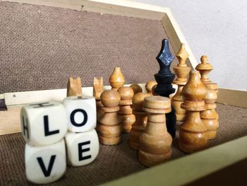 High angle view of chess pieces on table