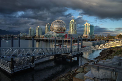 Bridge over river against buildings in city