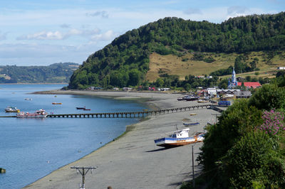 Scenic view of sea and mountains against sky