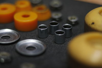 Close-up of buttons on table