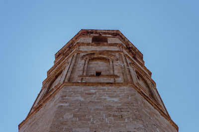 Low angle view of historical building against clear blue sky