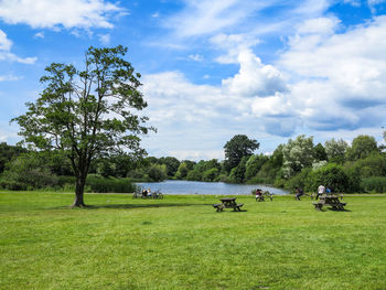 A pond and picnic tables in a park
