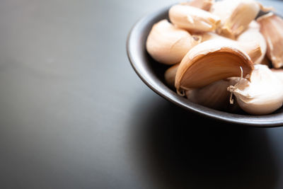 High angle view of eggs in bowl on table