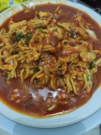 High angle view of noodles in bowl on table