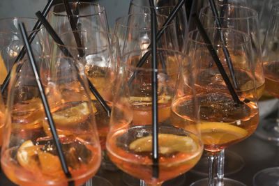 Close-up of beer glass on table