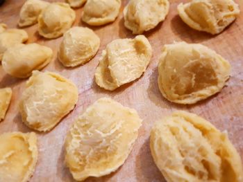 High angle view of bread with meat