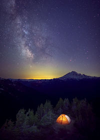 A tent is under the milky way on the top of a mountain, washington, us