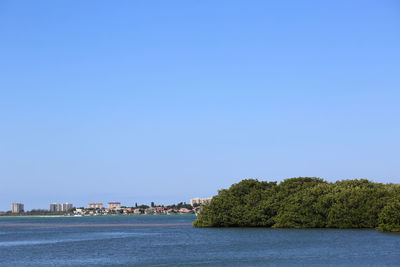 Scenic view of sea against clear blue sky