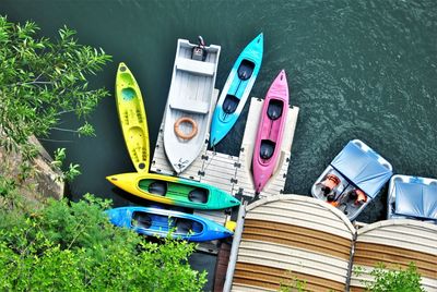 High angle view of multi colored boats in lake