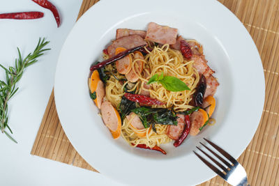 High angle view of food in plate on table