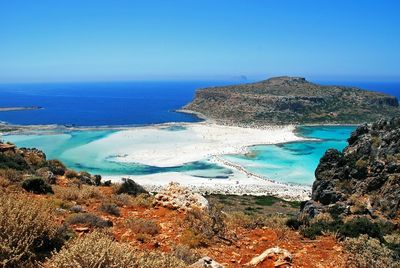 Scenic view of sea and mountain against blue sky