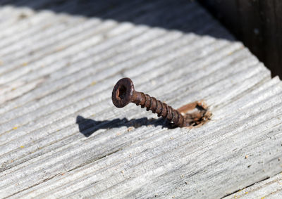 High angle view of rusty bolt mounted in metal