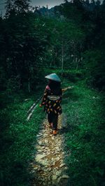 Rear view of man walking on footpath in forest