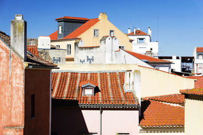 Buildings in city against clear blue sky