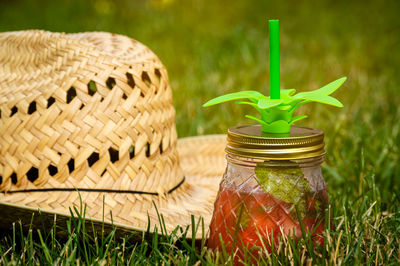 Close-up of glass jar on table