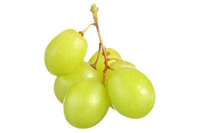 Close-up of green grapes on white background