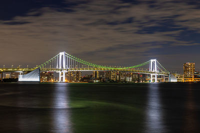 Illuminated bridge over river at night