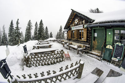 Panoramic view of snow covered houses against sky