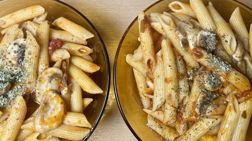 High angle view of pasta in container on table