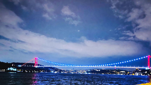 Suspension bridge over river against cloudy sky