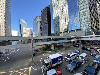 View of city street and modern buildings