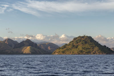 Scenic view of sea by mountains against sky