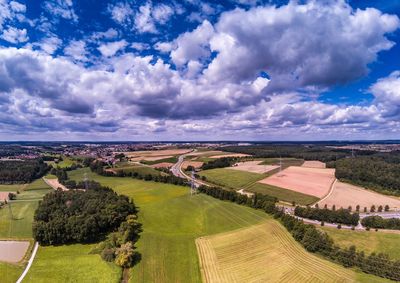 High angle view of agricultural field against sky